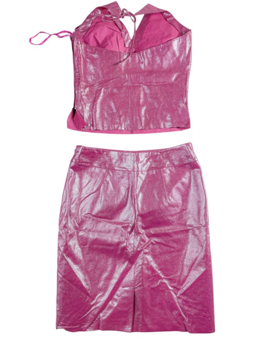 Rare Vintage Y2K Express Hot Pink 100% Leather Halter Top Skirt Set Sz XS Fest - Picture 8 of 16